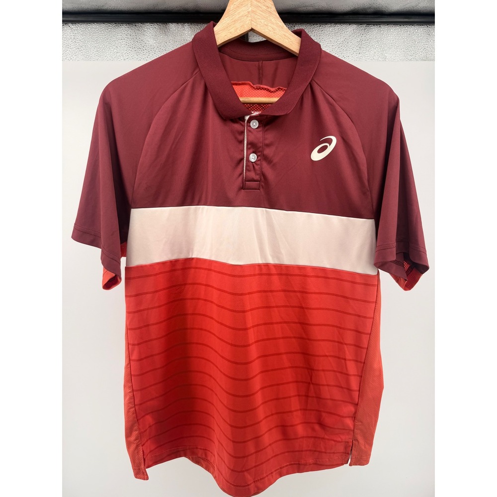 ASICS‎ Men's Short Sleeve Athletic Polo Shirt Burgundy Cream Orange Size M